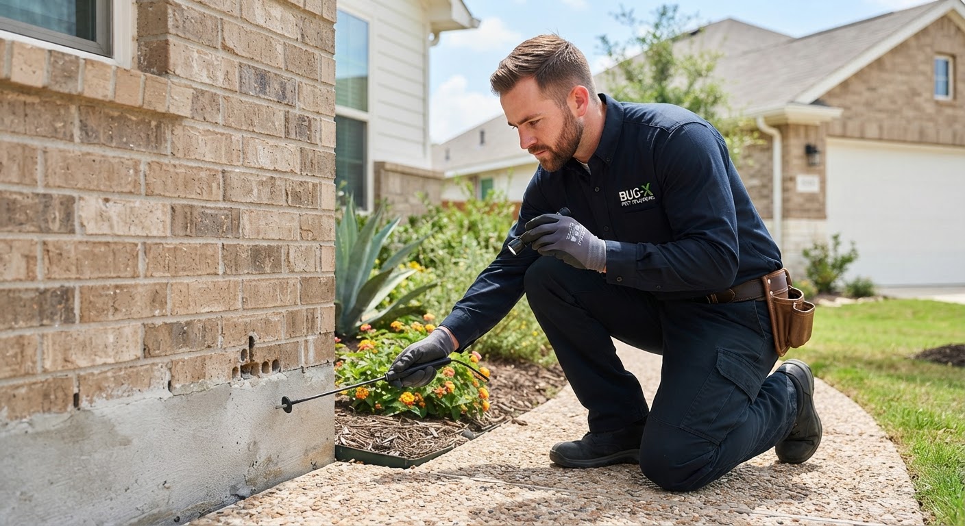Professional pest control technician inspecting an outdoor residential perimeter in San Antonio