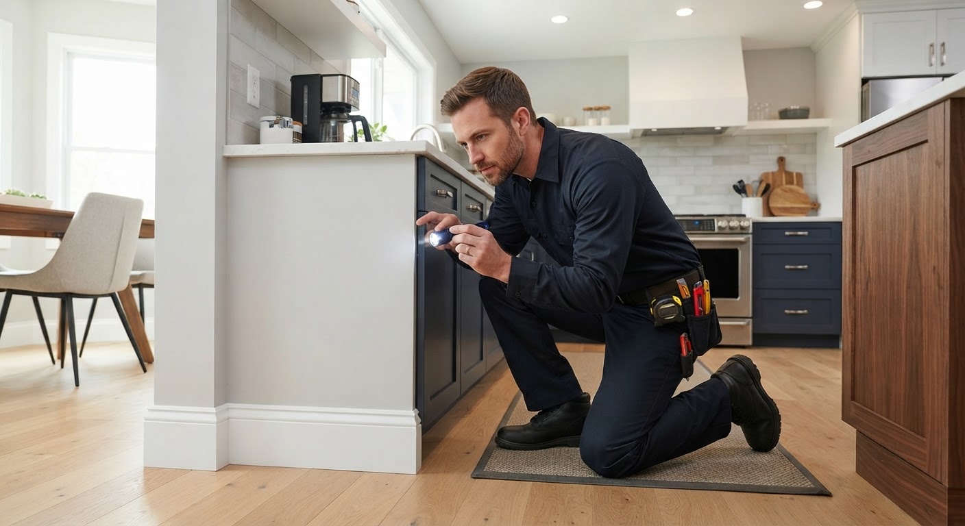 Pest control technician inspecting baseboards inside a clean residential home