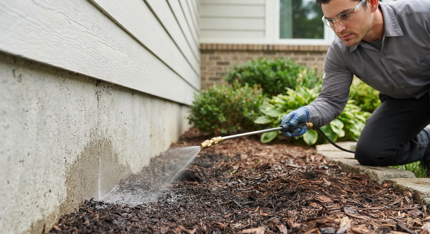 Exterior foundation perimeter treatment around a residential building
