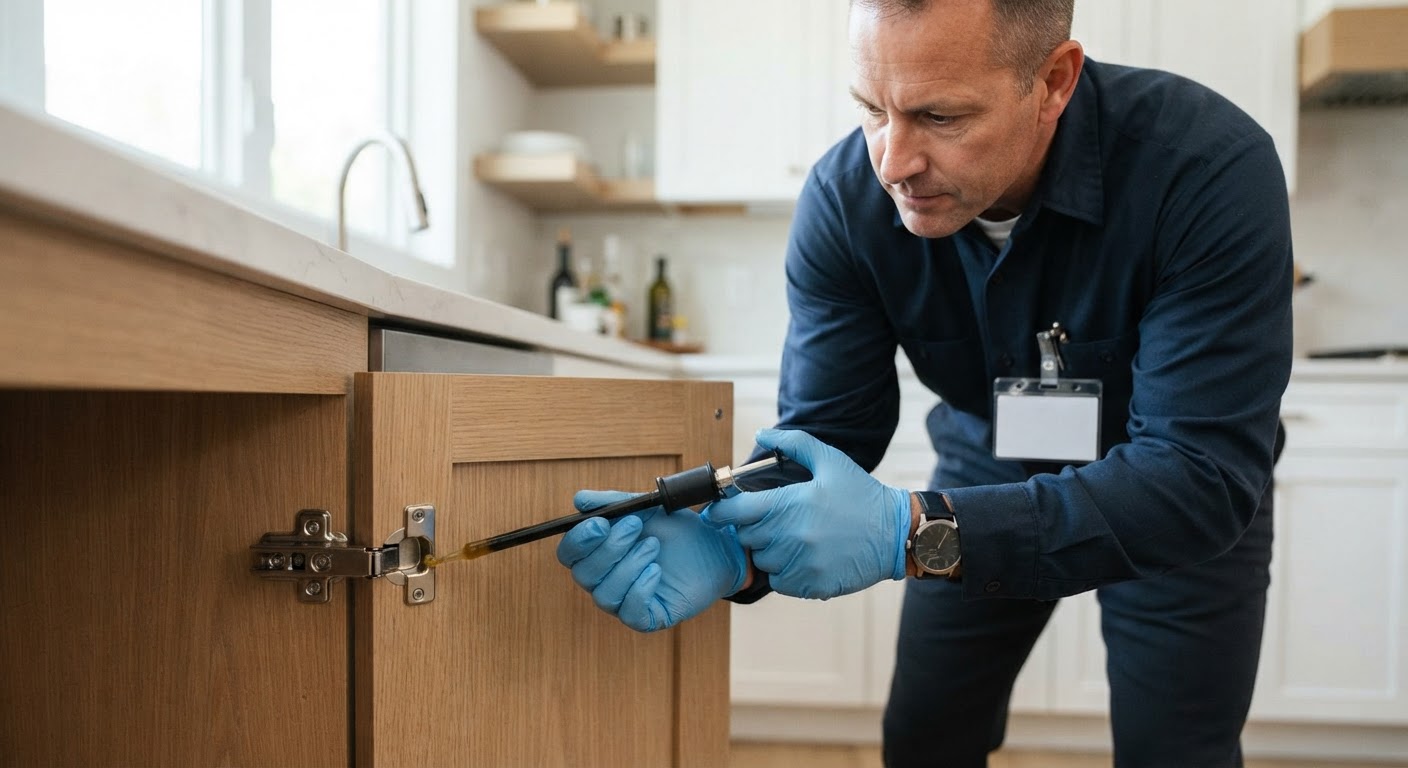 Targeted indoor pest management application under kitchen cabinetry