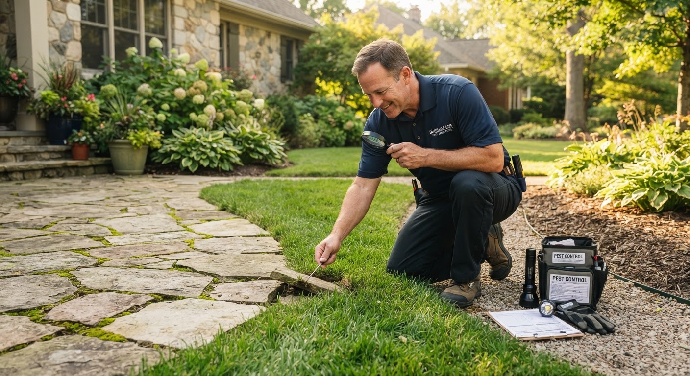 Suburban patio and lawn border inspected for seasonal pests