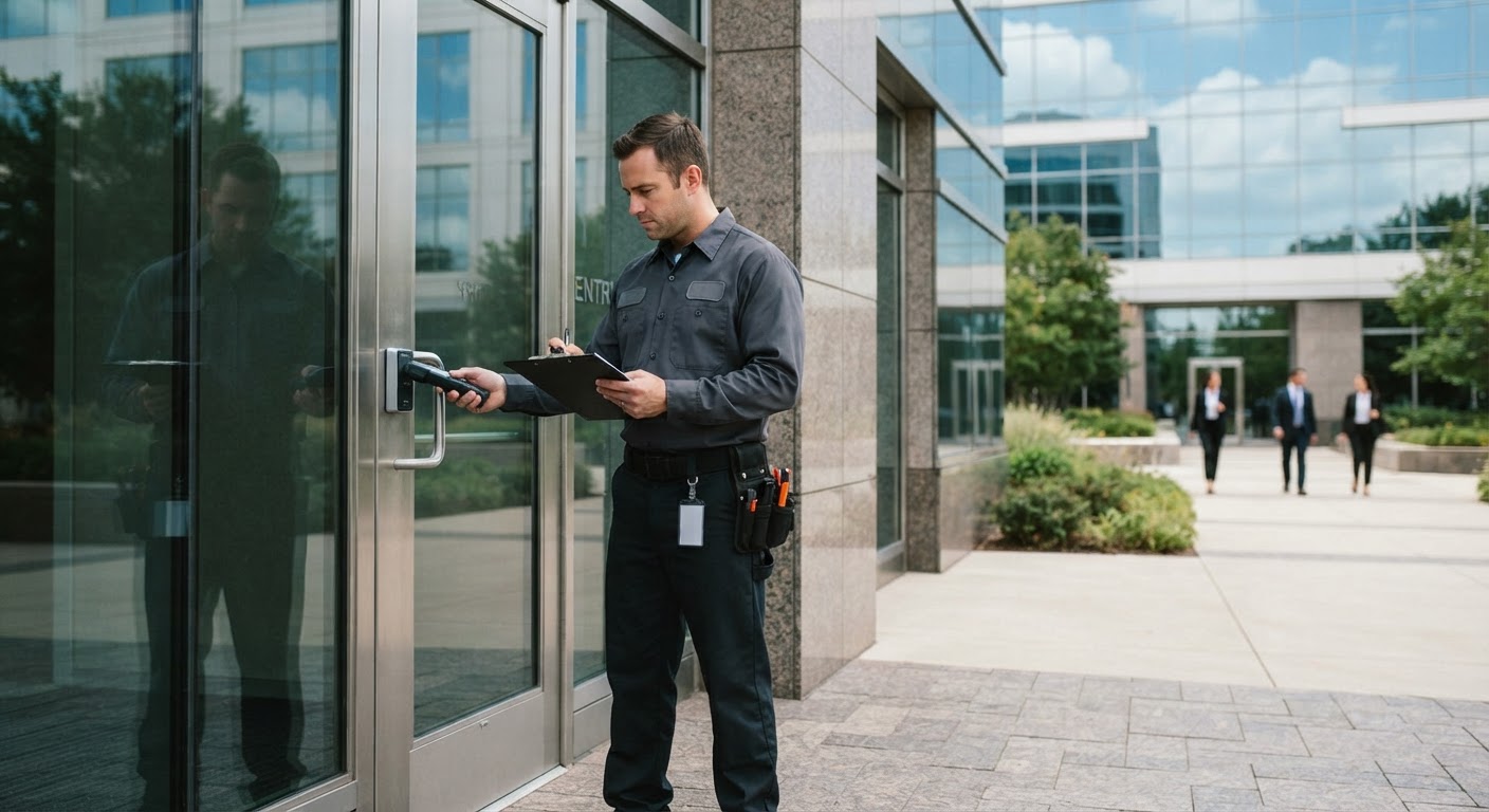 Commercial pest defense service visit at an office building exterior