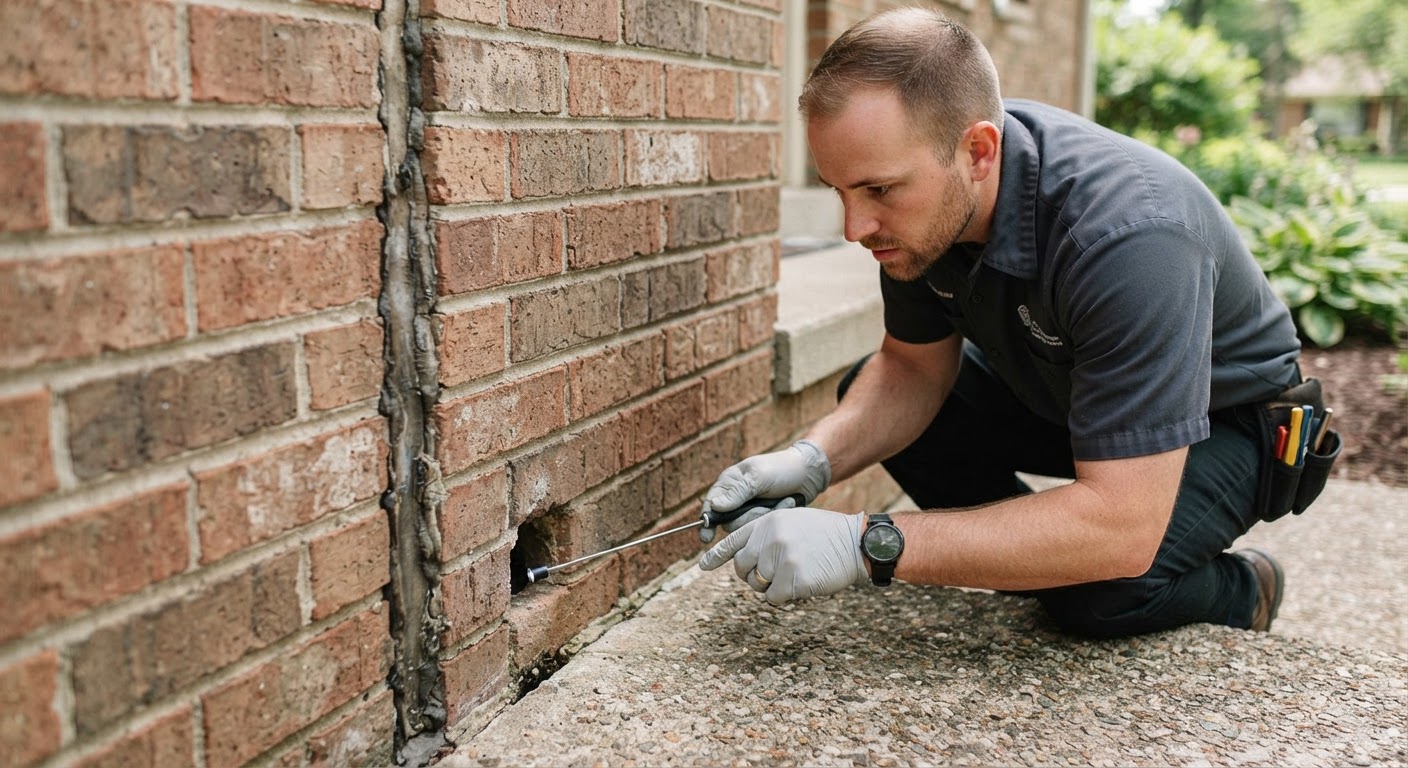 Technician checking brick weep holes and exterior wall gaps for pest exclusion