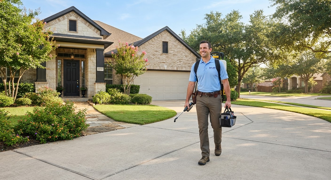 Pest control professional with modern equipment on a neighborhood service call