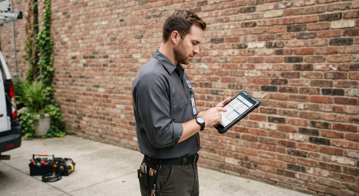 Close-up of pest control technician taking notes on a digital tablet outside a home